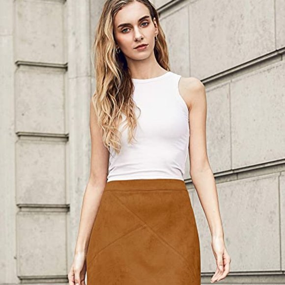 Faux Suede Bodycon Skirt High Waist Stretch Skirt - Picture 3 of 8
